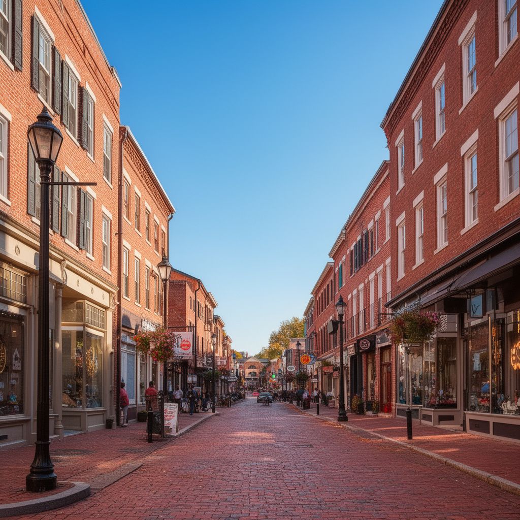 Historic brick storefronts on a Manassas, Virginia main street